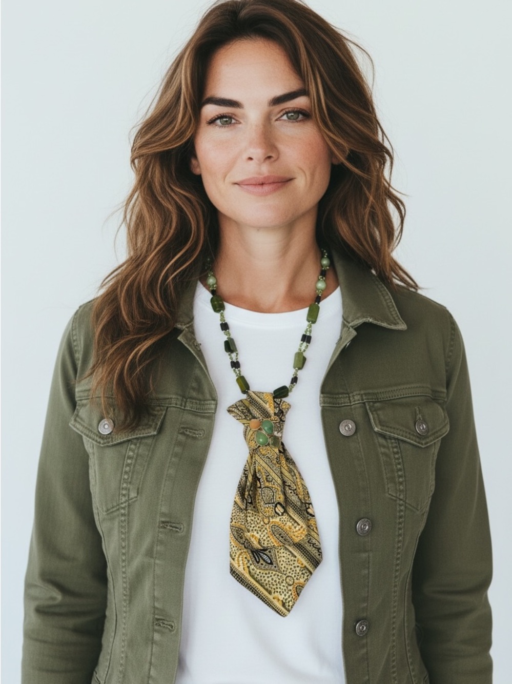 Green Beaded Statement Necklace Tie with Brooch